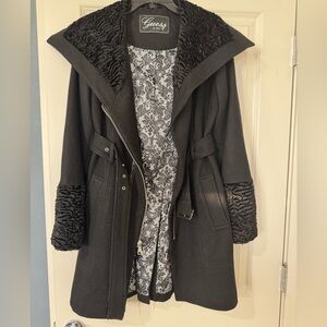 Guess Black Trench Coat with Faux Fur Accents